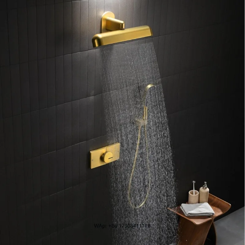 Gold temperature hidden wall-mounted shower head set with rain shower spray two-function waterfall water mix