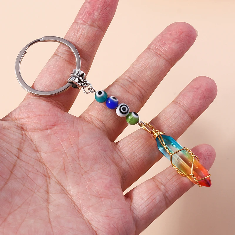 Natürliche sechseckige Säule Stein Schlüsselanhänger Frauen Männer Quarz Opal Kristall Schlüsselanhänger Auge Fatima Hand Sonne Mond Schmuck Party Geschenke – Detail 2