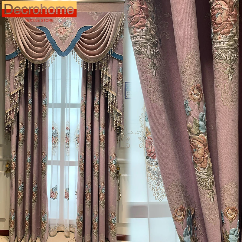 High-end Pink and Purple European-style Embossed Chenille Jacquard Curtains for Living Room Bedroom and Villa Customized