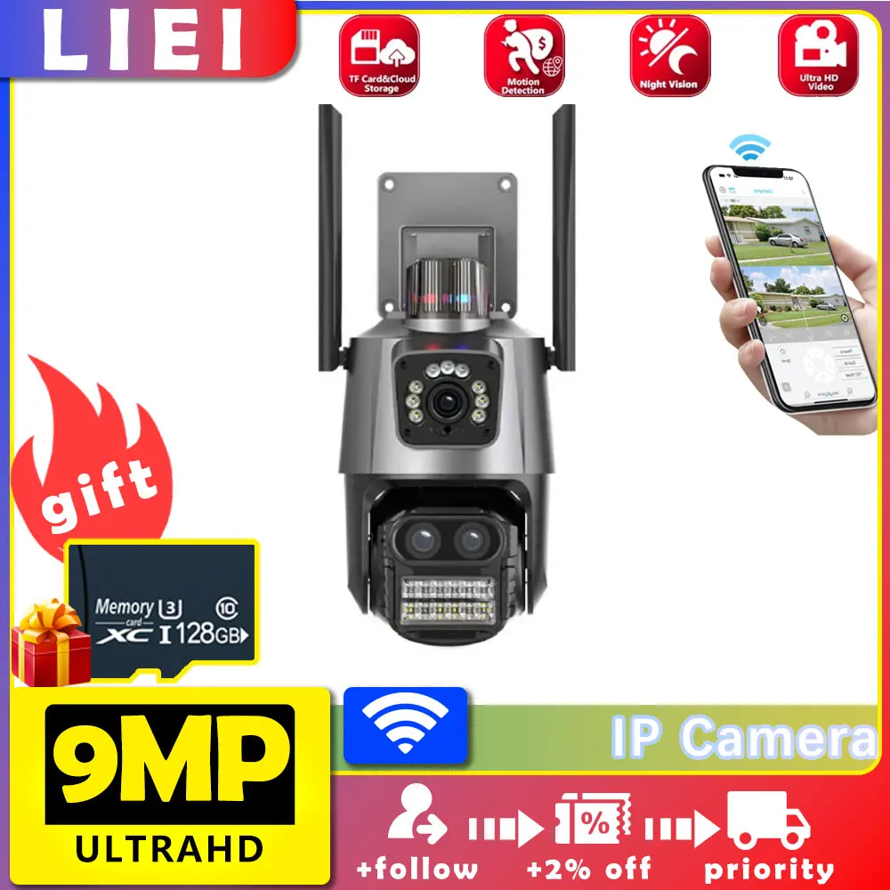 

LIEI 6MP 9MP Dual Lens PTZ IP 360 Cameras WIFI Surveillance Camera Wireless Outdoor Security AI Human Detect Digital CCTV Camera