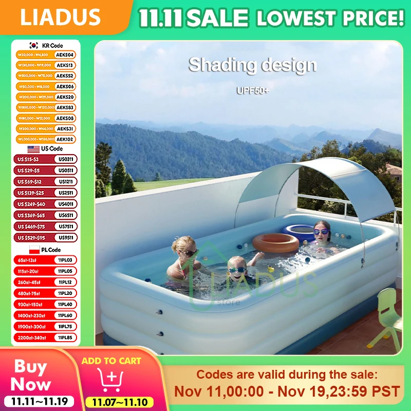 

Auto-Inflating Kids Pool with Shade Canopy Thickened Foldable Baby Swimming Pool Above Ground for Family Summer Water Party Lawn