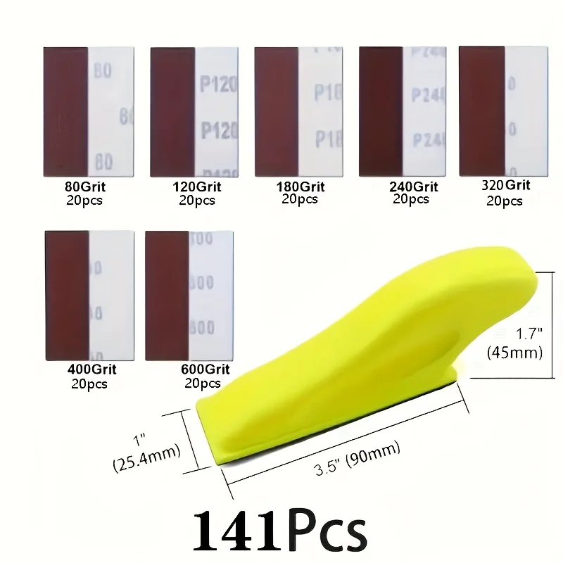141Pcs Mini Detail Hand Sander Finger Sanding Blocks 8.89x2.54cm Compact for Small Space Wet Dry Hook Loop Sandpaper 80‑600 Grit