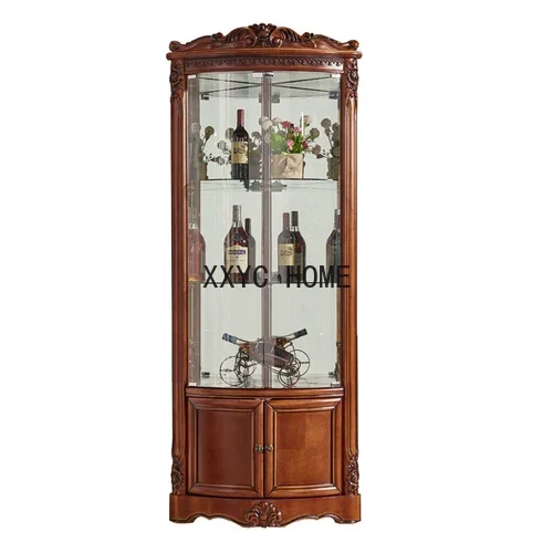 

European-Style Living Room Corner Wine Cabinet Curved Glass Door Corner Cabinet Solid Wood Wine Cabinet Restaurant