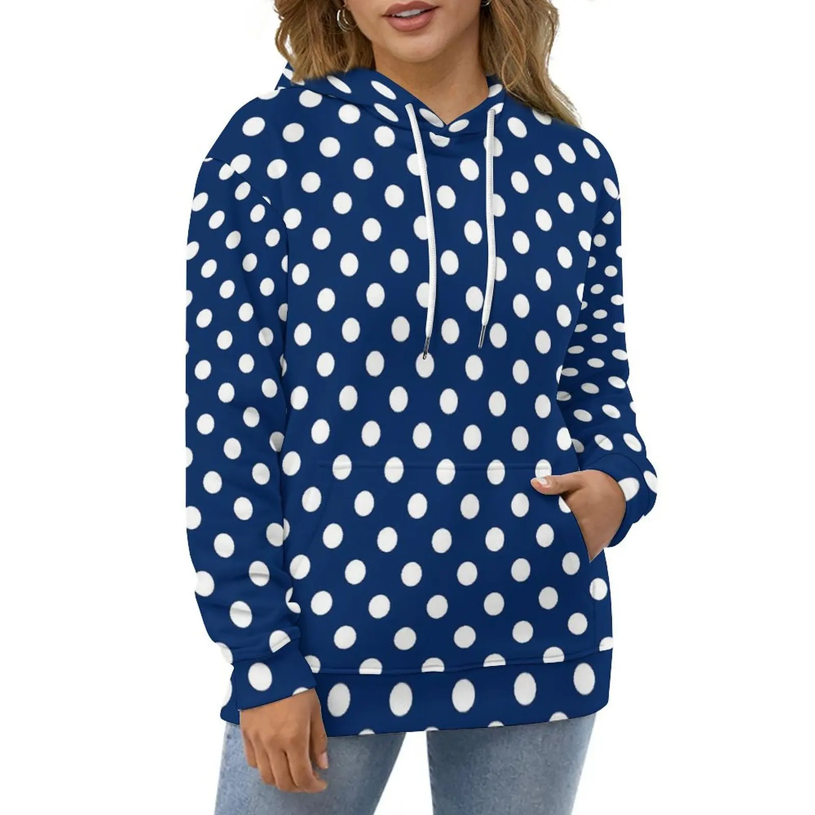 

Polka Dots Casual Hoodies Navy Blue and White Pretty Hoodie Unisex Long-Sleeve Harajuku Design Loose Oversized Clothing