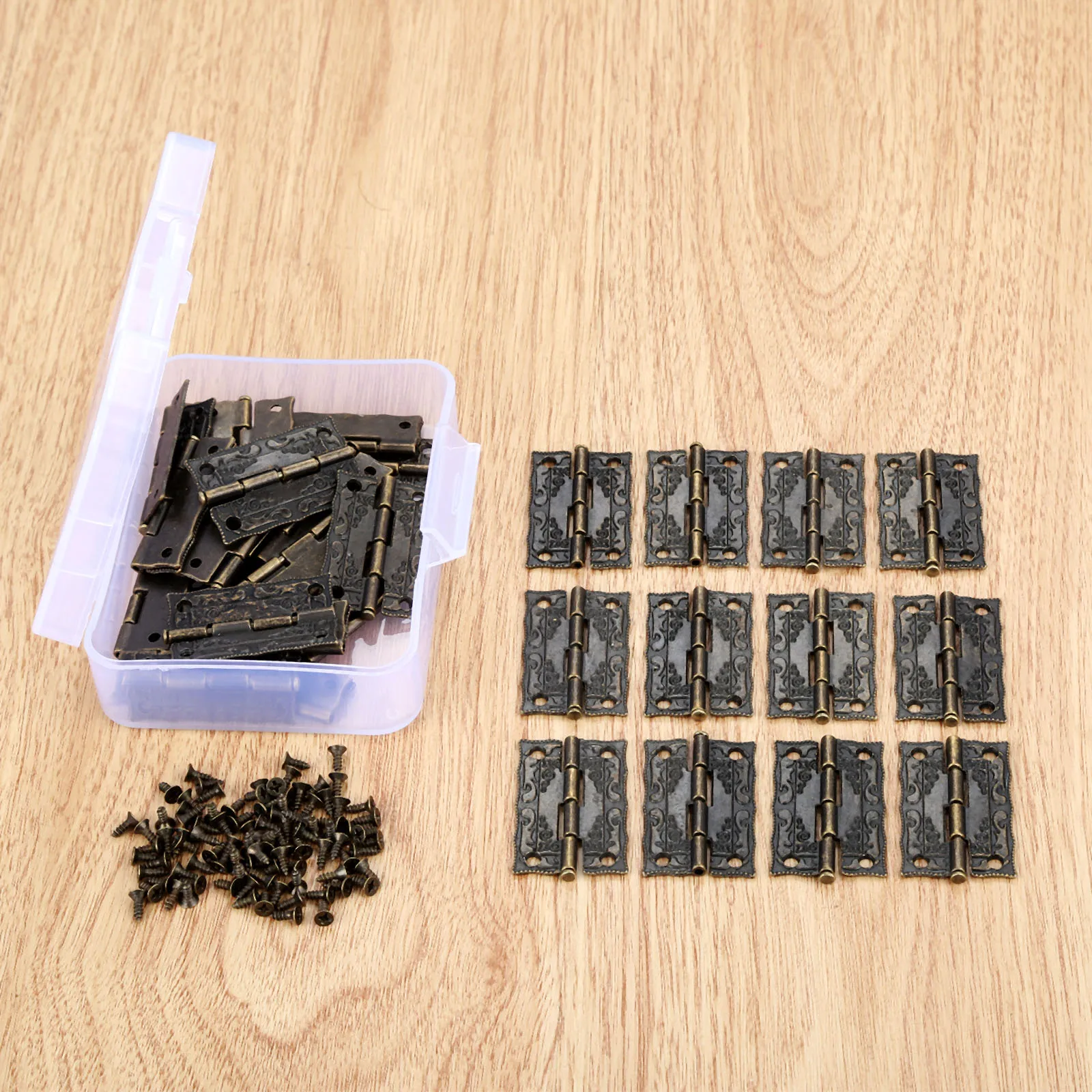30Pcs 1.5inch Mini Decorative Hinge W/Storage Box and 120Pcs Screws for Jewelry Wood Boxes Cabinet Door Furniture Outdoor Decor