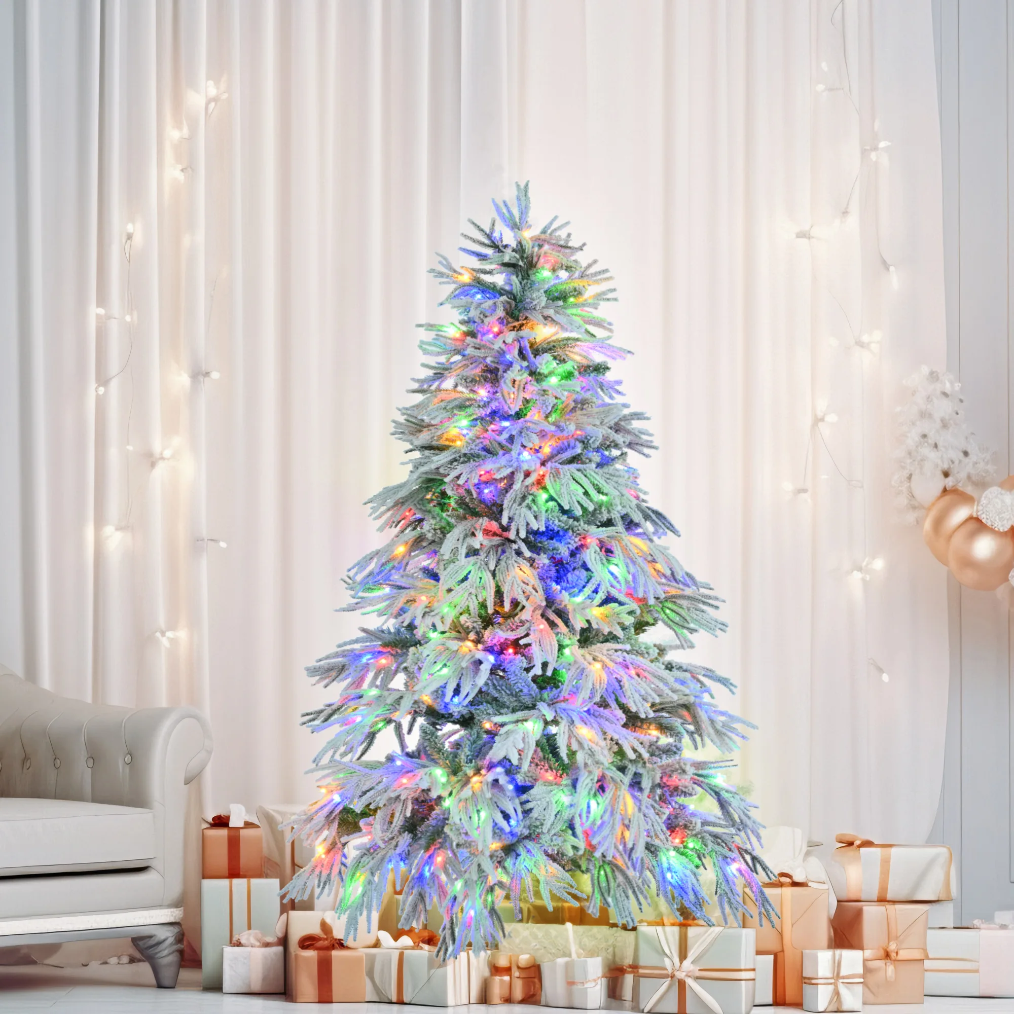 6FT pre lit spruce snowflake Christmas tree, an artificial hinge Christmas tree with 300 multi-color LED lights.