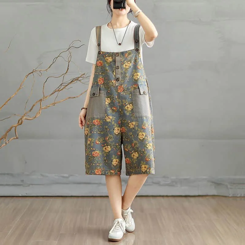 DENIM Jumpsuits ผู้หญิงวินเทจสไตล์เกาหลี One Piece ชุดดอกไม้ลดอายุ Cropped กางเกงขากว้างฤดูร้อนเสื้อผ้าผู้หญิง
