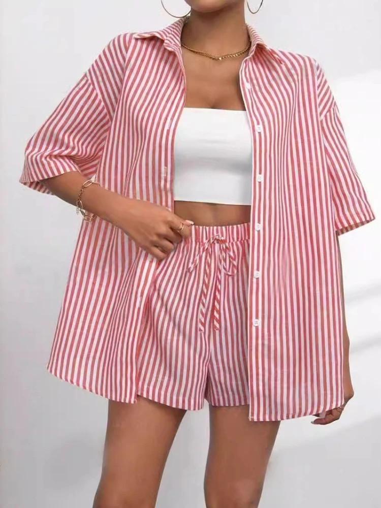 Women Shorts Pant Set Two Piece Sets Turn Down Collar Casual Loose Shirt Striped Short Pants Elastic Waist Y2k Streetwear 2026 - view 6