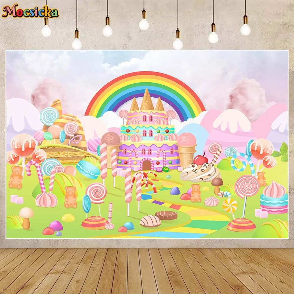 

Mocsicka Candyland фон для фотографии конфеты тростник торт замок детский день рождения Декор новорожденный торт разбивать фото фон