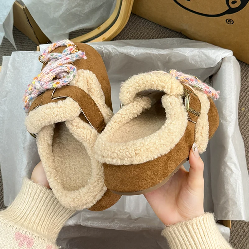 النساء النعال الفراء الشقق البغال أحذية موضة قصيرة أفخم الثلوج الأحذية 2025 الشتاء الوجه يتخبط العلامة التجارية الجديدة المنزل Mujer Zapatos #5