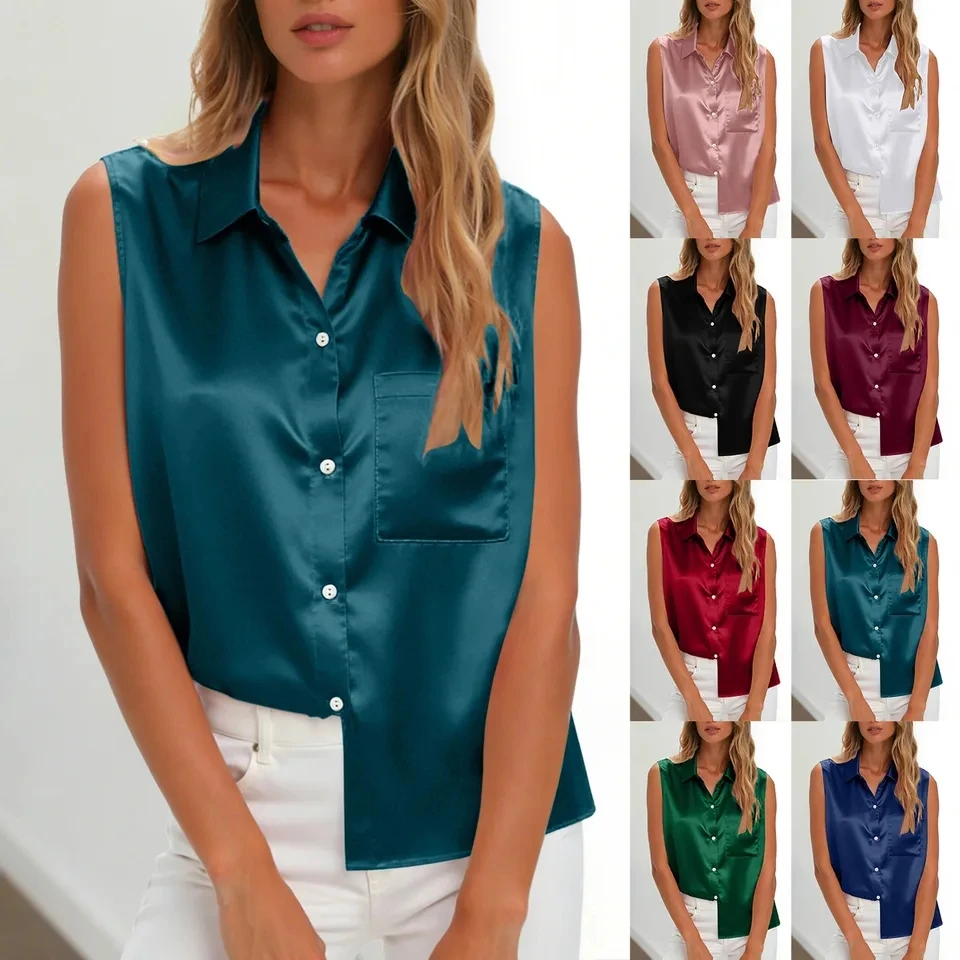 

Women Stain Shirt Lapel Sleeveless Blouse Tops Button Down Silky Shirts Office Lady Top Korean Ladies Blouse Female Clothing