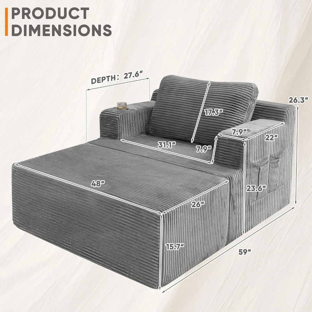 Oversized Chaise Lounge Chair, Cloud Couch with Cup Holders, Sleeper Sofa Bed, No Assembly, Black