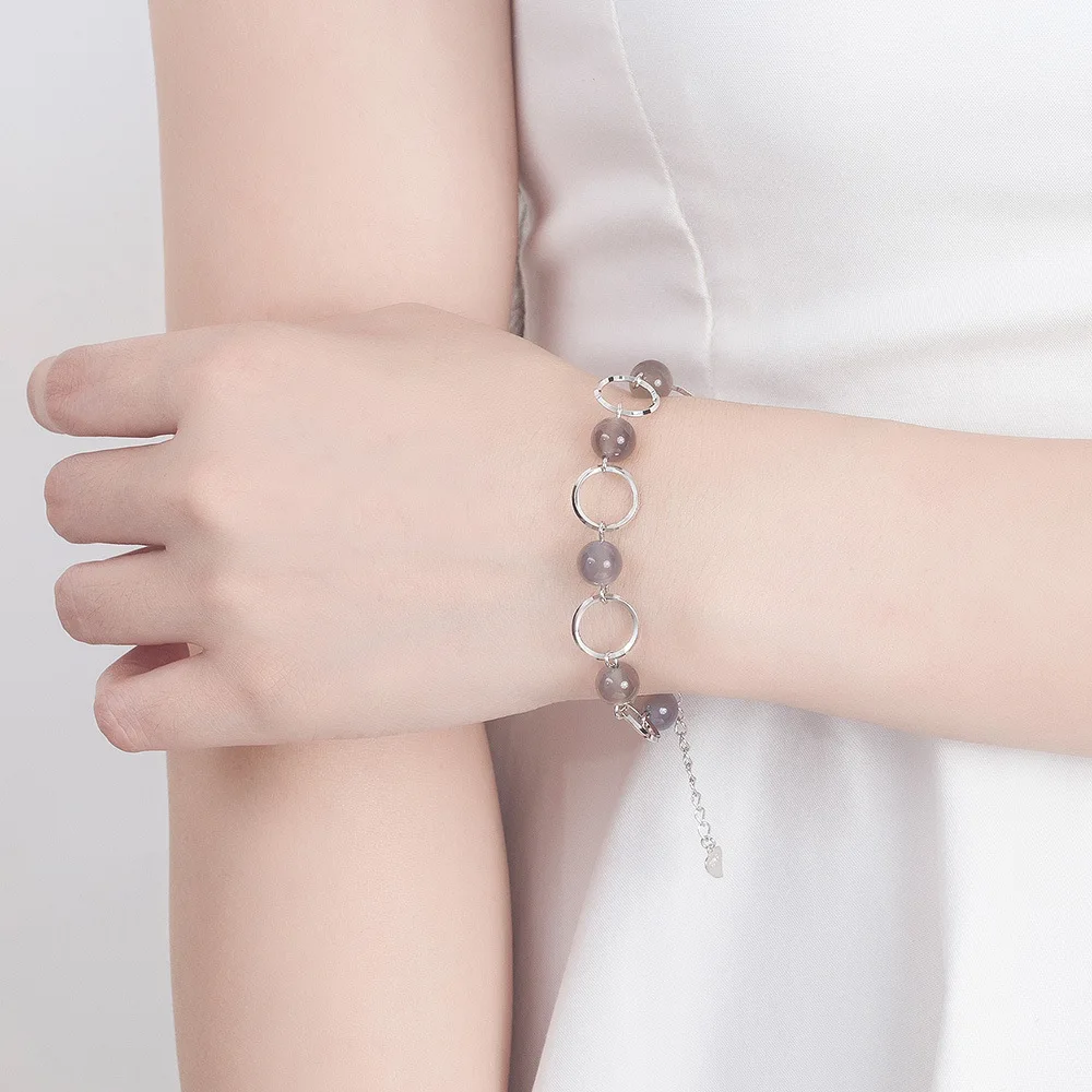 Pulsera de plata de ley S925 para mujer, brazalete de cuentas de cristal de ágata gris Natural, regalo de joyería para fiesta de compromiso