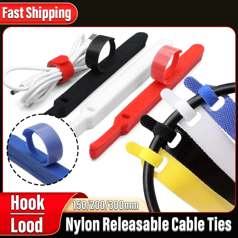 20~200pcs Hook and Loop Nylon Releasable Cable Tie 150 200 300mm Fastener Tape Wire Organizer Cable Ties Strap Magic Sticker