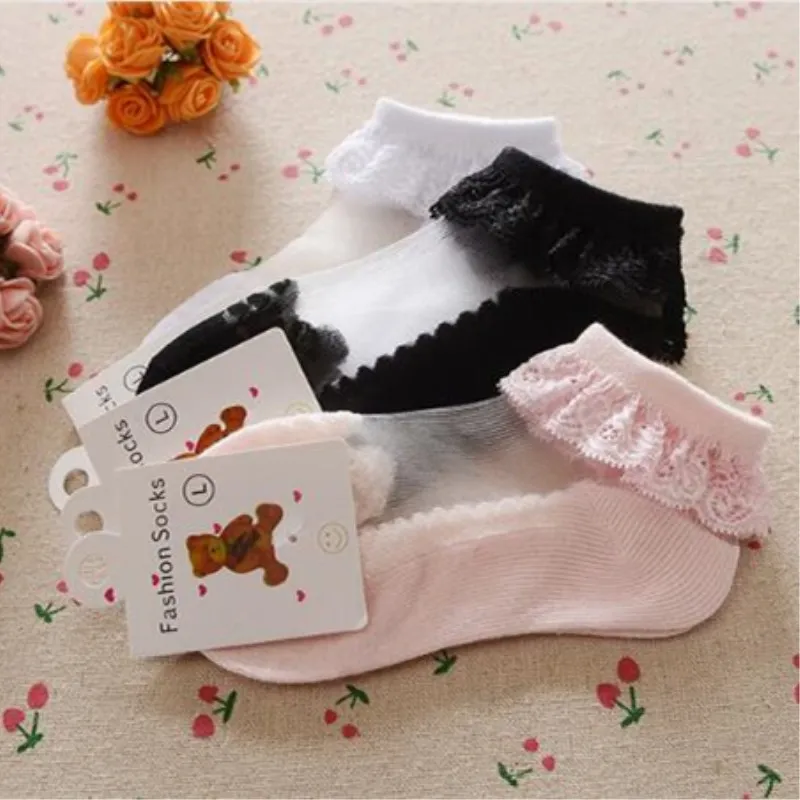 3pairs/Lot Spring Summer Baby Girls 0-1/1-2 Years Lace Ultra-Thin Mesh Crystal Socks Cotton Boat Socks Invisible Socks