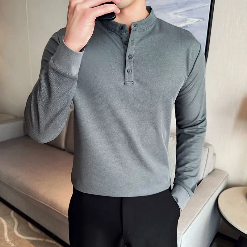 

High Stretch Men T-shirt 2024 Autumn Winter Thermal Top Item Stand-up Collar Solid Casual Slim Fit Long Sleeved Tee Men clothing
