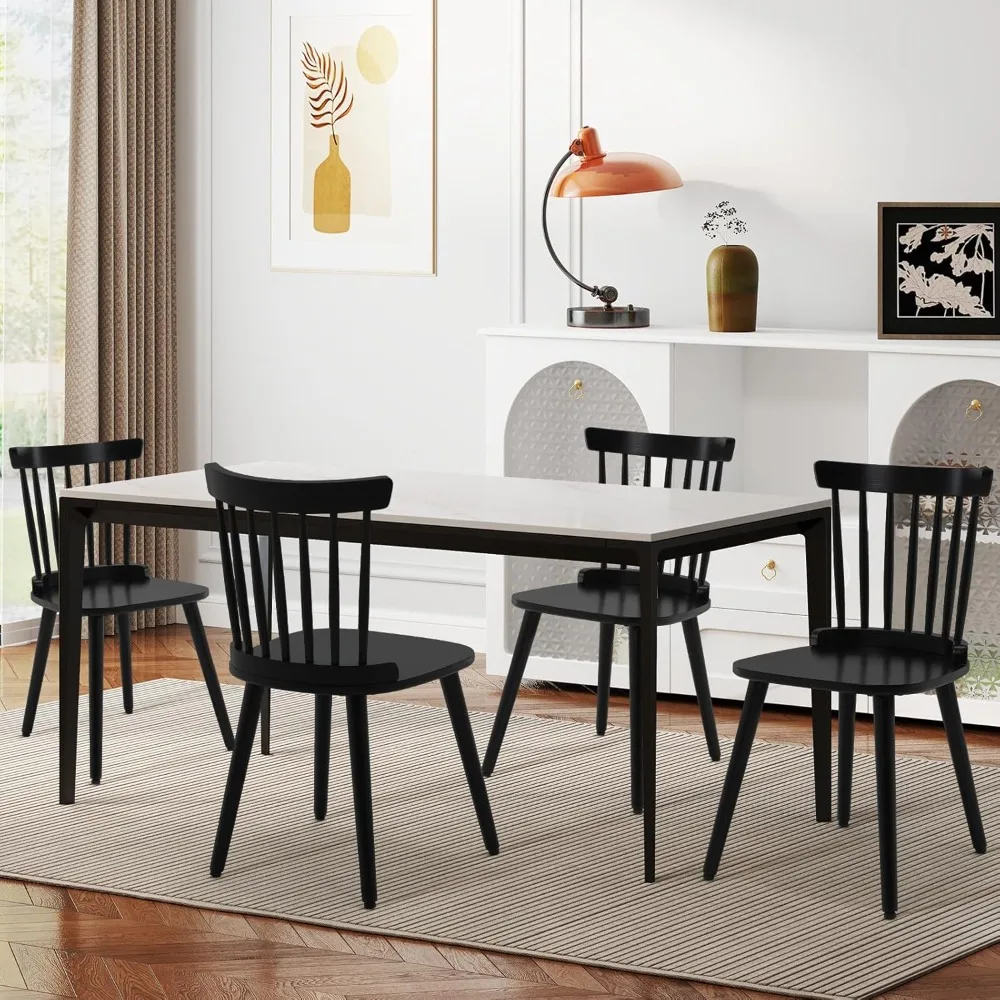 

Windsor Dining Chair Set of 4 Farmhouse Solid Wood Spindle Back Side Chair Mid-Century Modern Black Armless Kitchen Chair