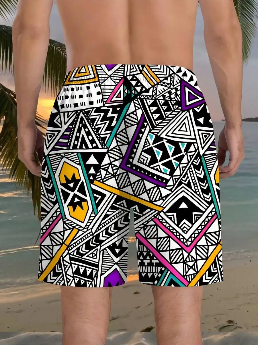

Mens Plus Size Casual Beach Shorts With Geometric 3D Print Pattern, Breathable Fiber Fabric, Drawstring Waist