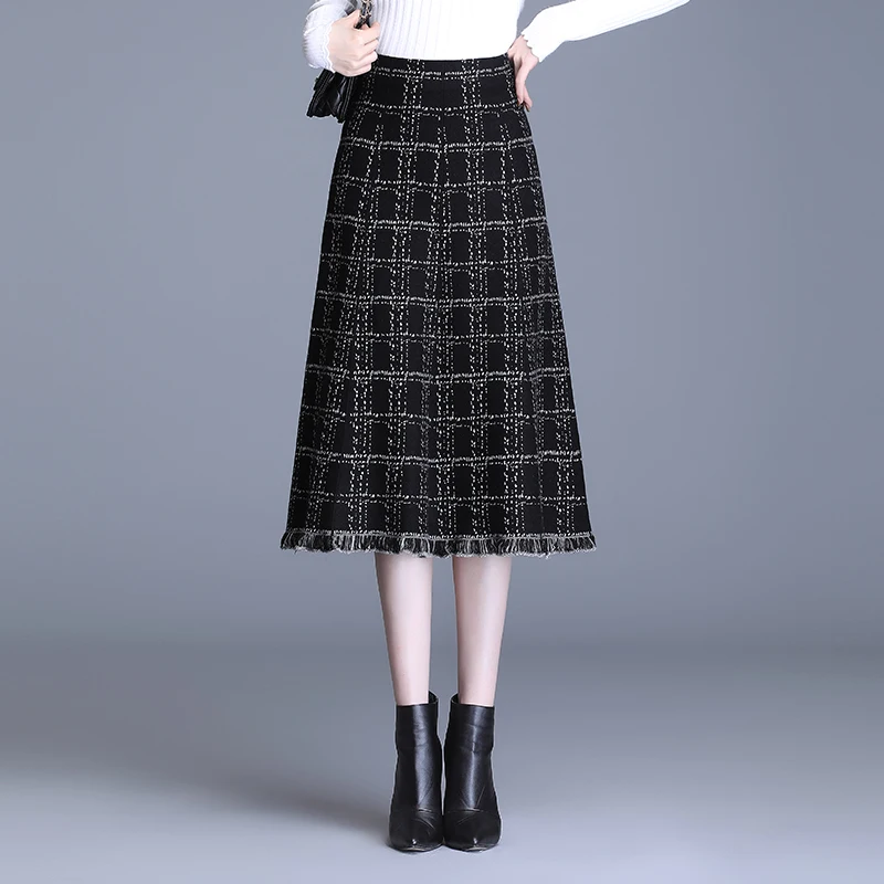 

Женская вязаная юбка А-силуэта с высокой талией, в клетку, утепленная, средней длины, эластичная, для осени и зимы, с эффектом похудения