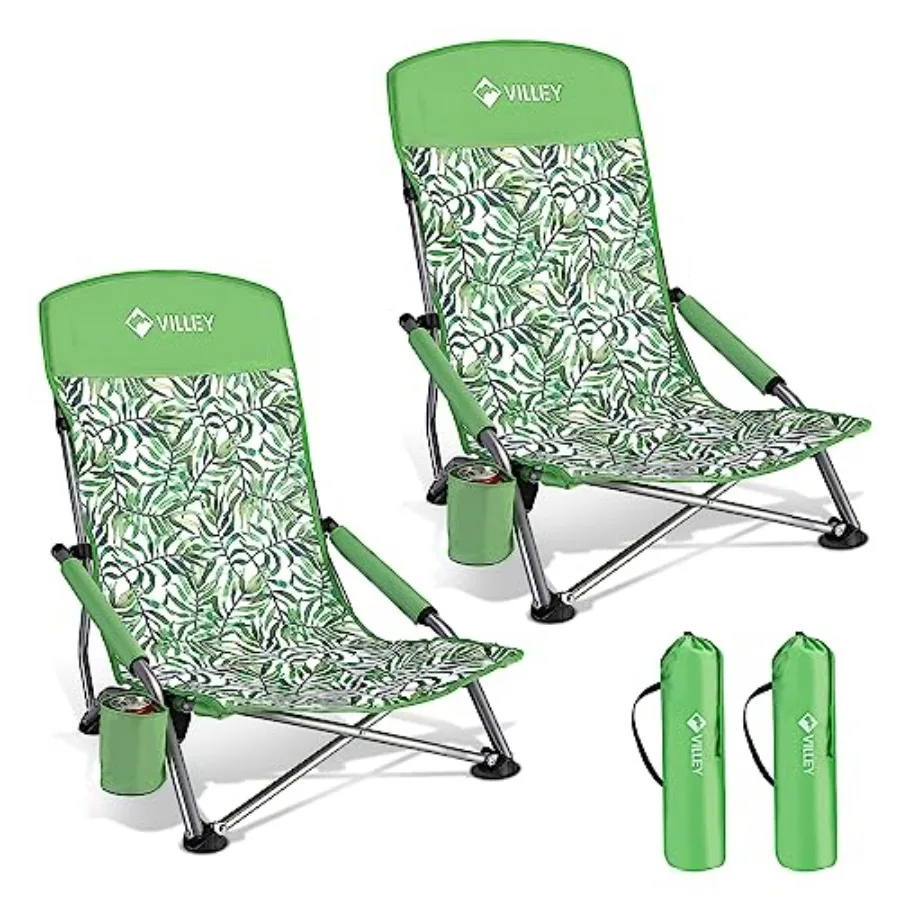 

Low Beach Chairs for Adults 2 Pack, High Back Folding Chairs, Lightweight and Portable for Outdoor, Camping, Lawn, with Cup Hol