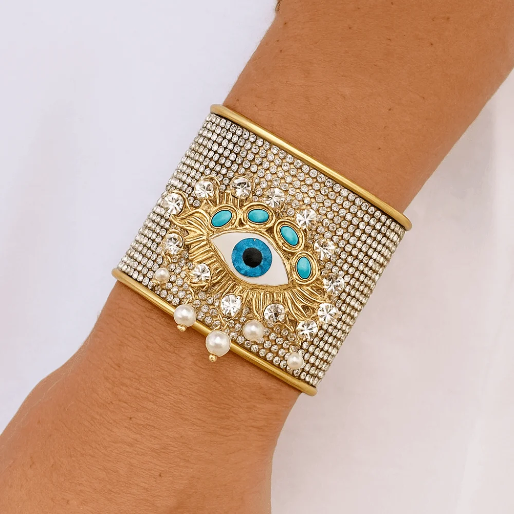 Metal Exaggerated Wide Open Bangle Alloy Full Rhinestone Demon's Eye Bracelets Europe American Style Gold Geometric Cuff Bangles