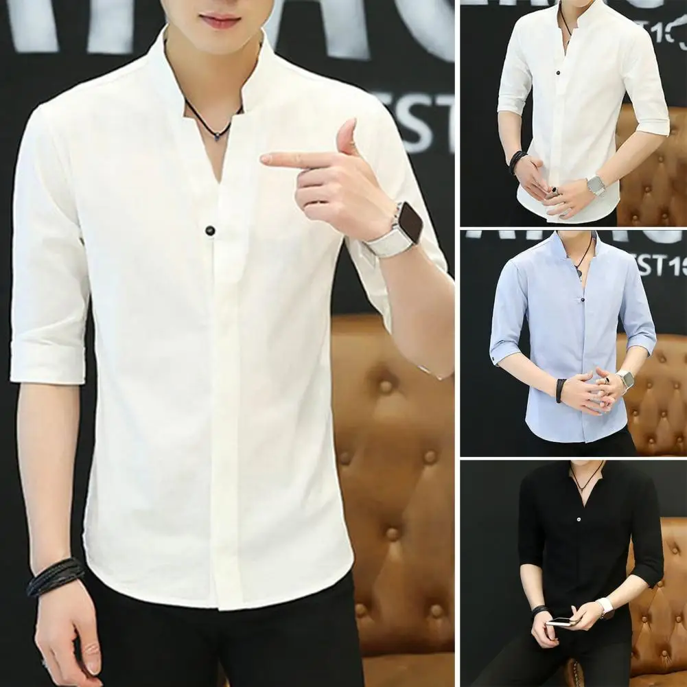 Base Layer Shirt Men's Slim Fit Stand Collar Shirt with Three Quarter Sleeves Formal Business Style Top for Fall Summer Stand-up