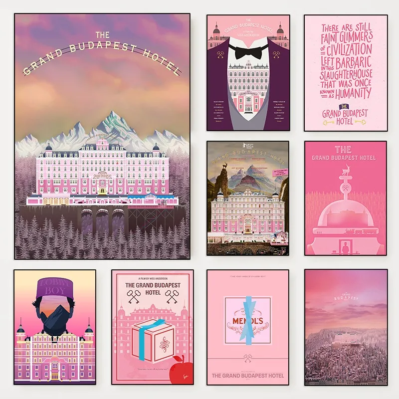 فندق جراند بودابست المشارك ويس أندرسون الوردي الرجعية الفن قماش اللوحة طباعة الحد الأدنى فيلم جدار ديكور المنزل عطلة Gi