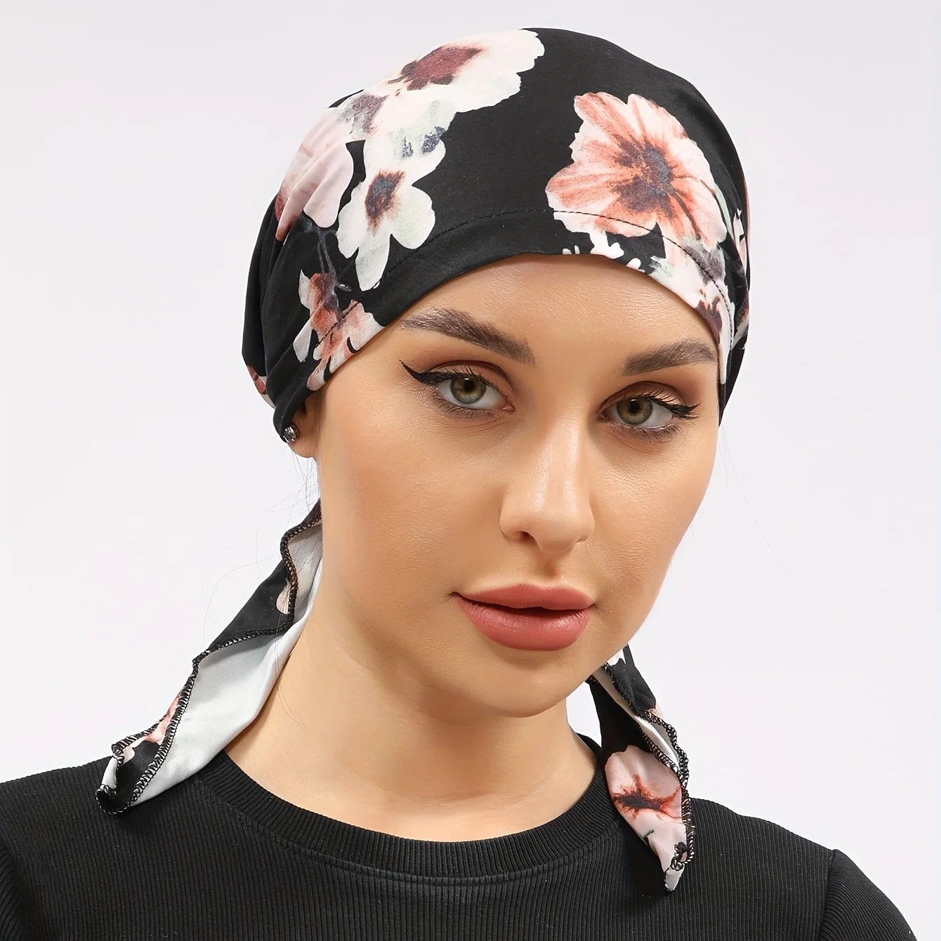 Womens Muslim Hijab Cancer Chemo Flower Black Print Hat Turban Cap Hair Loss Head Scarf Wrap Pre-Tied Headwear Strech Bandana