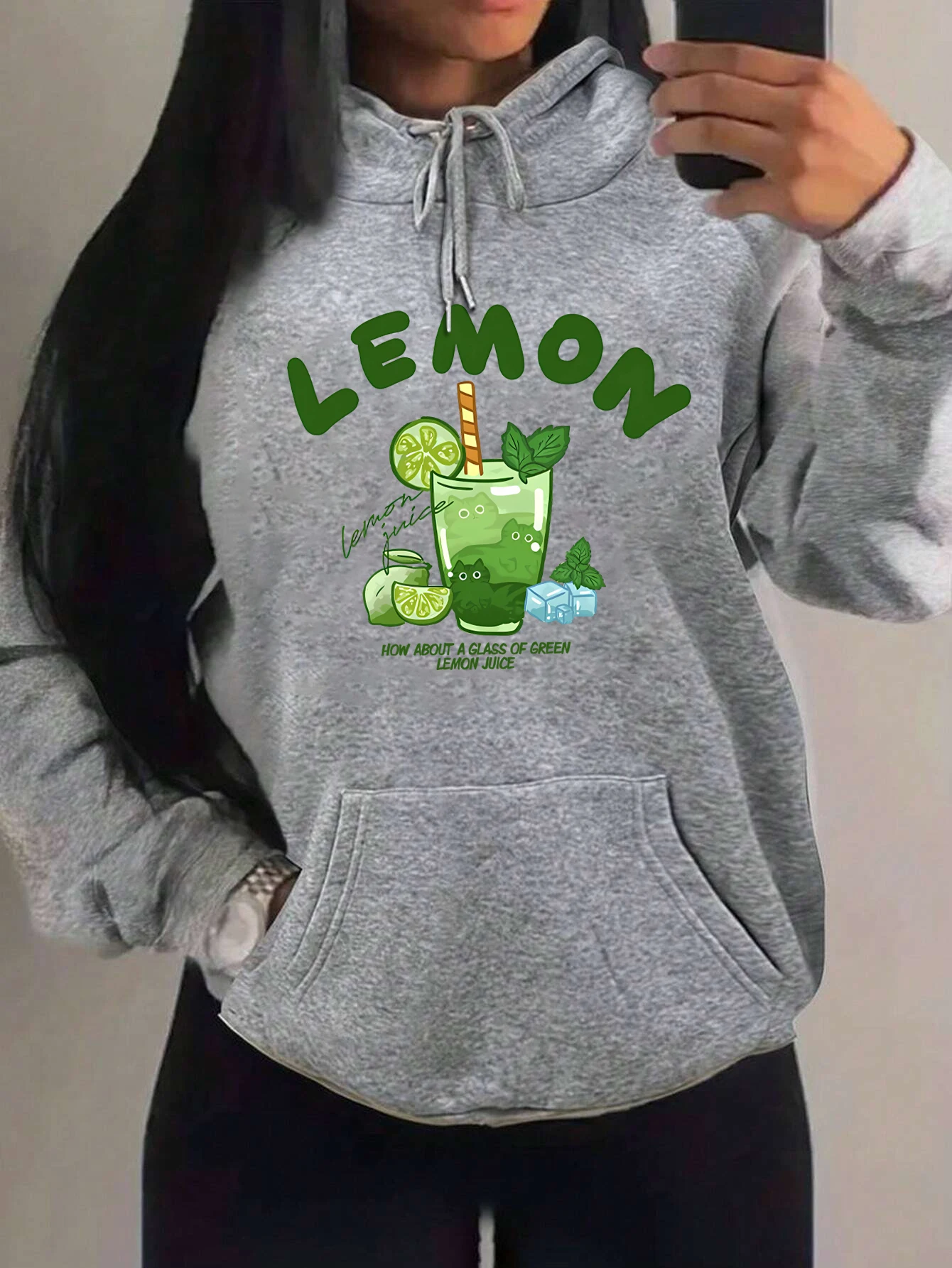 

Green Lemon Drinking Pattern Female Streetwear Hip Hop Fleece Hoodies Pocket Loose Y2K Womenswear Casual Oversize Woman Pullover