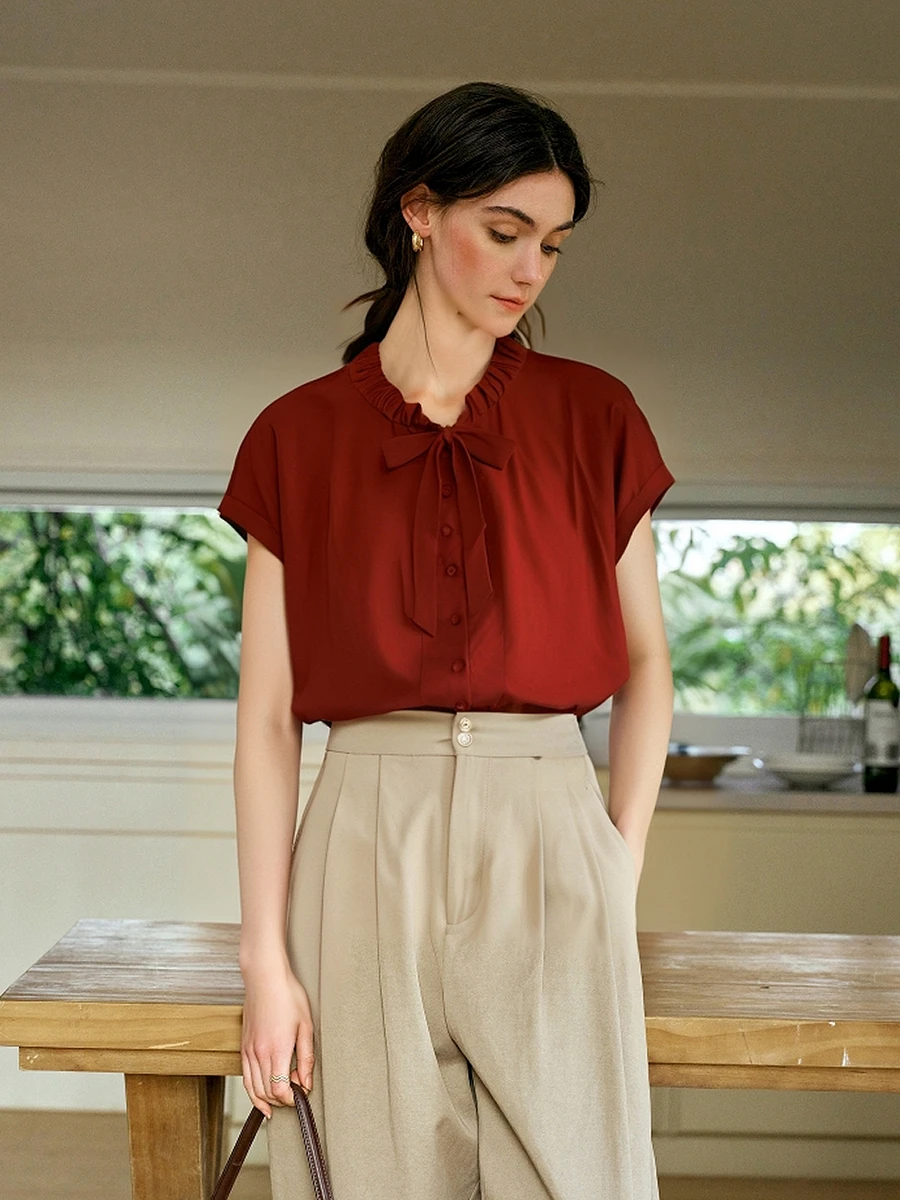 OLrain Women's Summer Shirt Elegant Vintage Red Pleated Tied Neck Short Sleeve Shirts & Blouse 2025 Ladies Tops O57XC98238