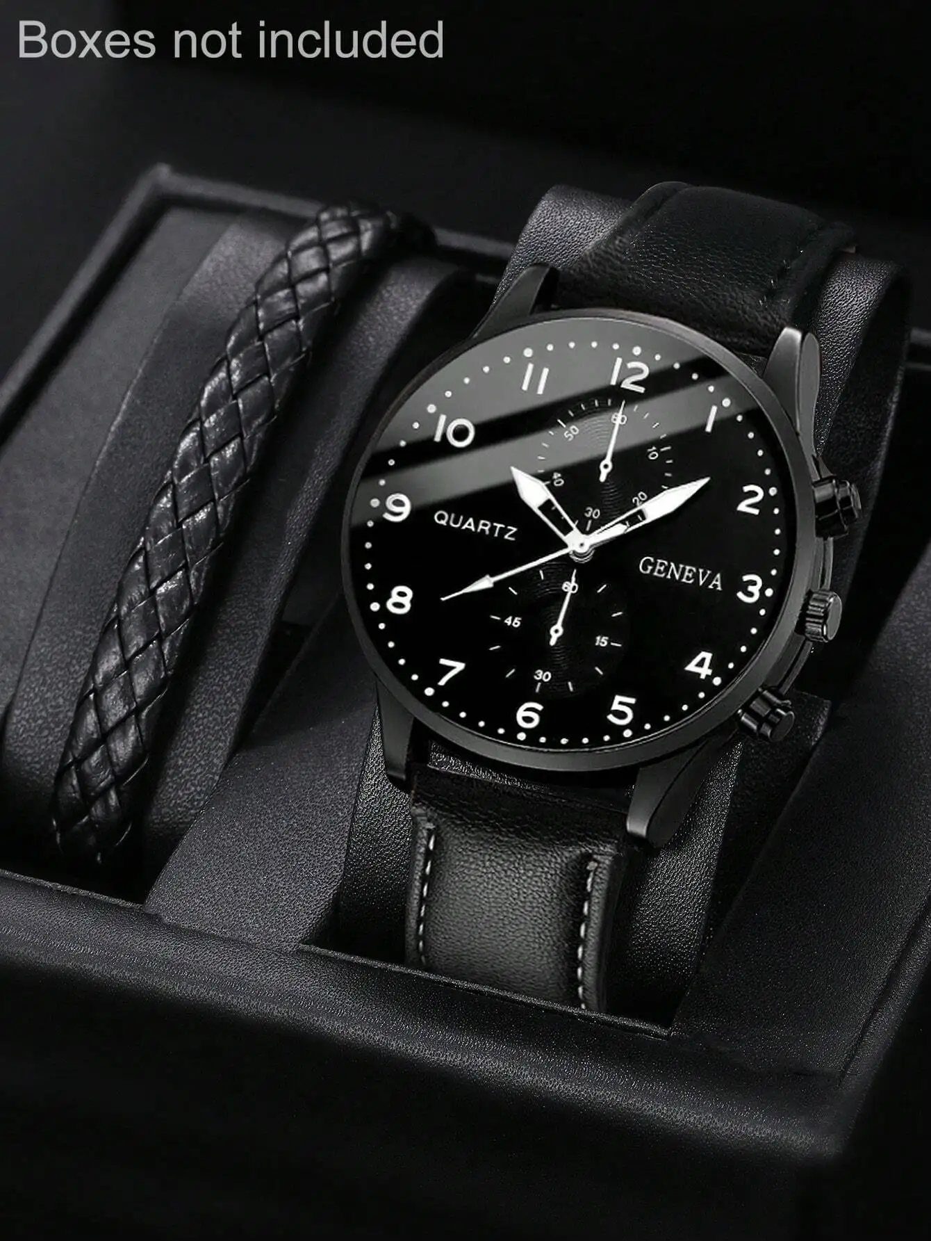 

Мужские кварцевые часы с черным циферблатом, кожаным ремешком и плетеным браслетом, в деловом повседневном стиле