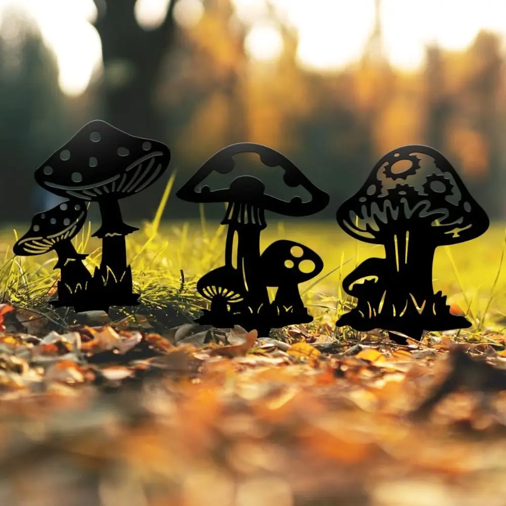 

3 PCS Outdoor Hollow Out Garden Mushroom Decorations Metal Cute Iron Art Decor Silhouette Black Gardening Ornaments