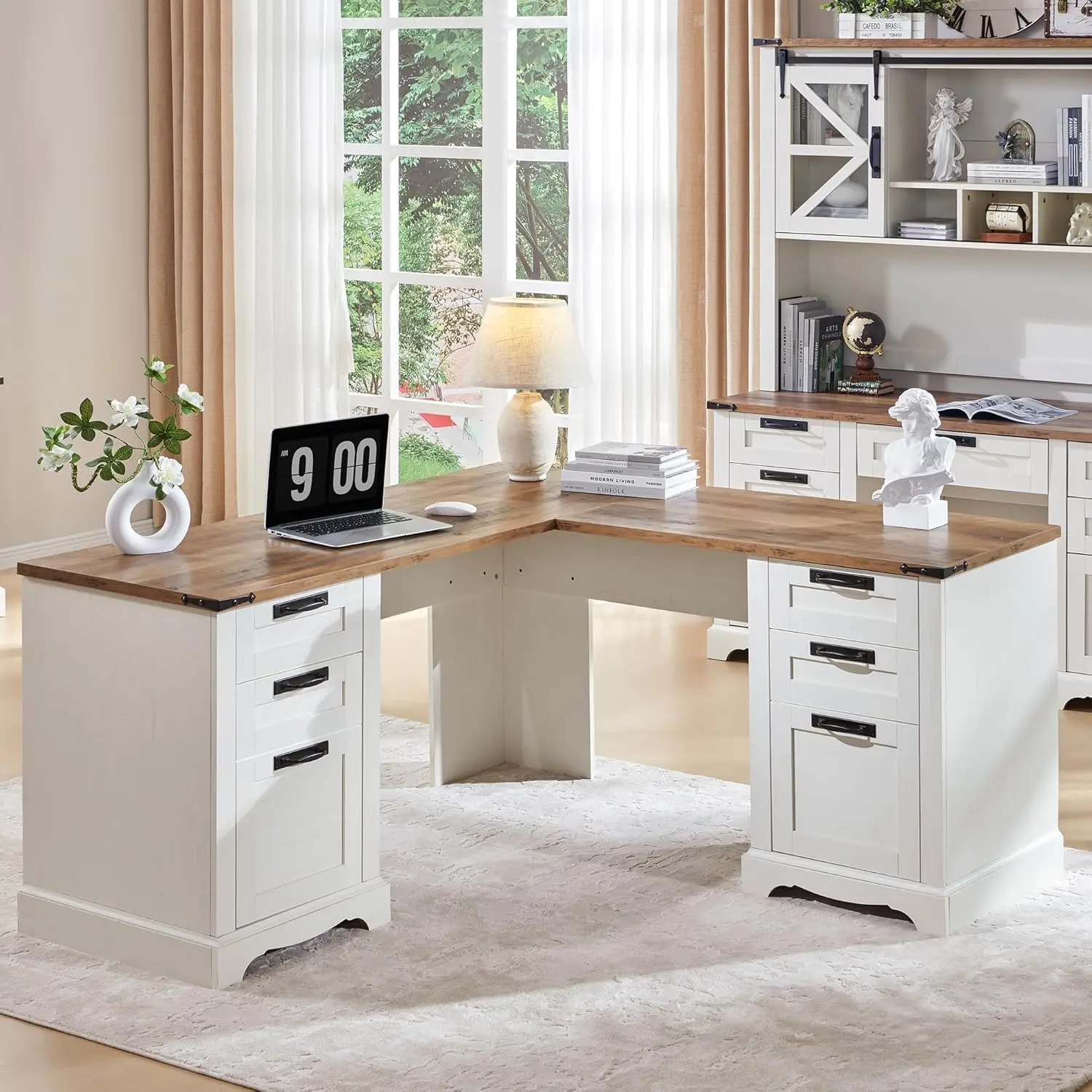 Farmhouse L Shaped Secretária Executiva com gavetas, Madeira Home Office Corner Desk, Estação de carregamento, gaveta de arquivo, Branco Antigo, 60"