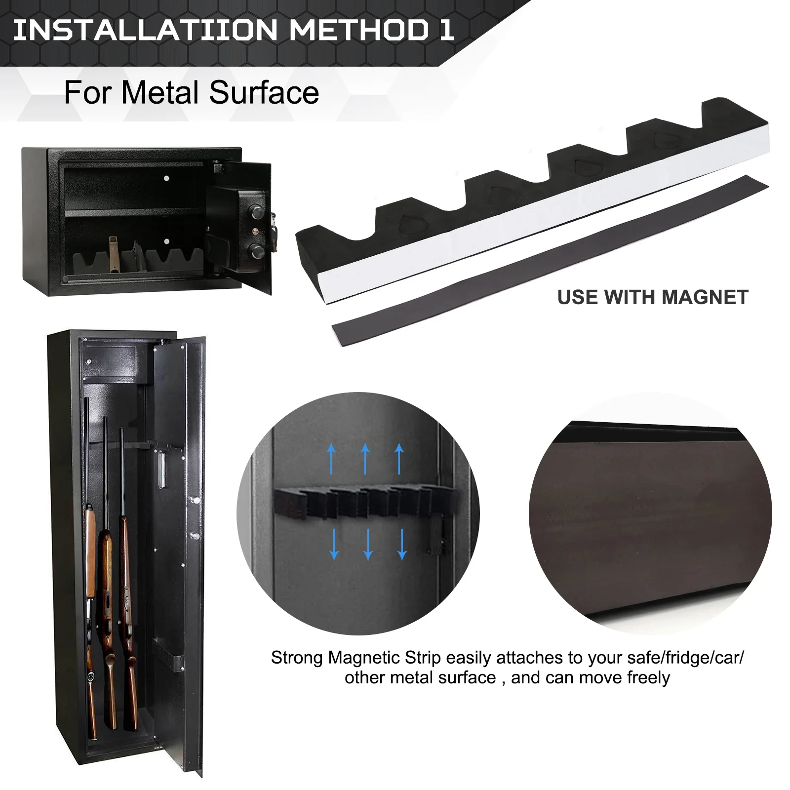 Tactical Foam Gun Rack Wall Mount Rifle & Shotgun Holder w/ Magnetic Strip & Hook Secure Hunting Gun Safety Storage Accessory