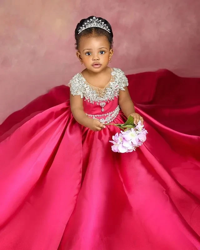 Fuchsia afrikanische Blumen mädchen Kleider Ballkleid schiere Applikationen Perlen Baby kleines Mädchen Peageant Kleid Kleider für schwarze Mädchen