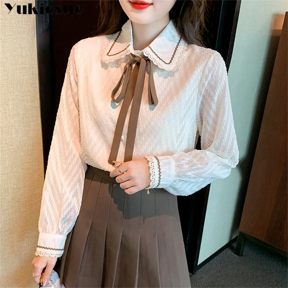 

blusas mujer de moda 2022 summer lace chiffon bow Top female women shirts Women's shirt Blouses tops Long sleeve Chic woman