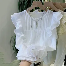 Summer New Fashion Sleeveless Shirts Temperament Round Neck Hollow Lace White Blouse Women's 2024 Design Sense Chic Tops Trend