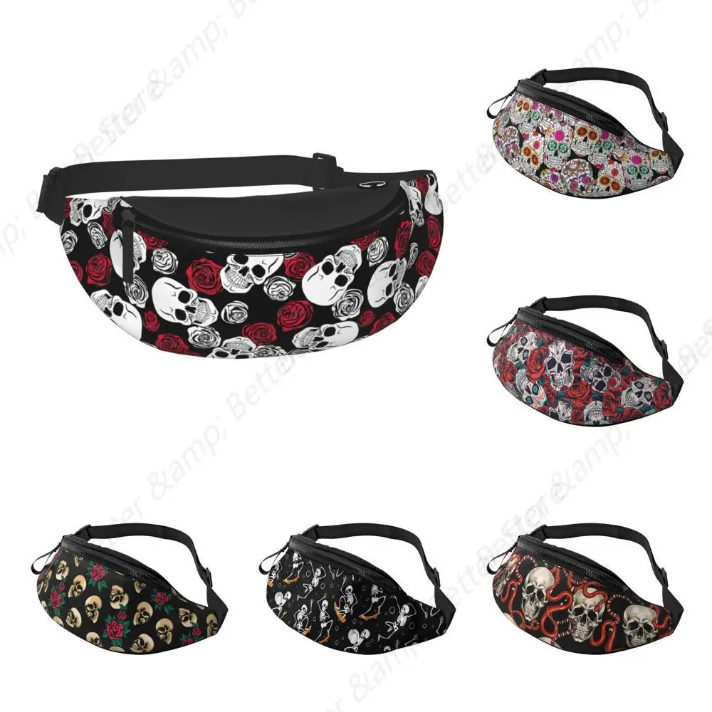 Floral Sugar Skull Waist Bag with Headphone Hole Belt Bag Adjustable Sling Pocket Fashion Hip Bum Bag for Women Men