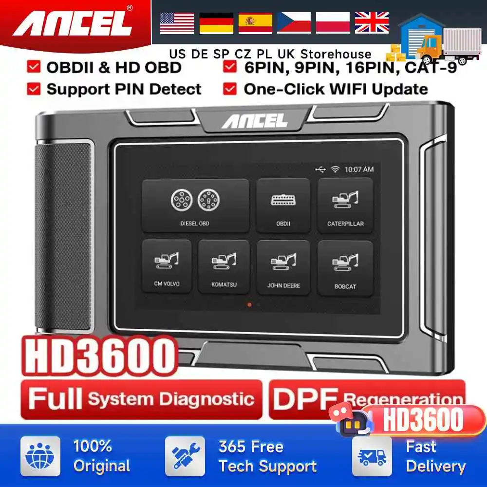 

ANCEL HD3600 США Сверхмощный сканер грузовиков для строительной техники Дизельный инструмент для сбросов Caterpillar/Deere/Volvo/Komatsu DPF