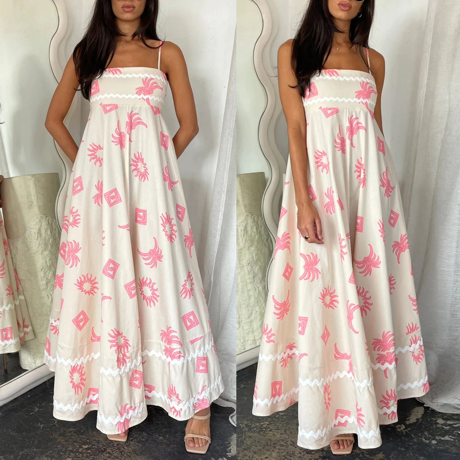 Frauen Spaghetti träger Vierkant hals Langes Kleid Ärmelloses Smocked Rickrack Trim Maxi kleid Boho Blumen Blumen kleid