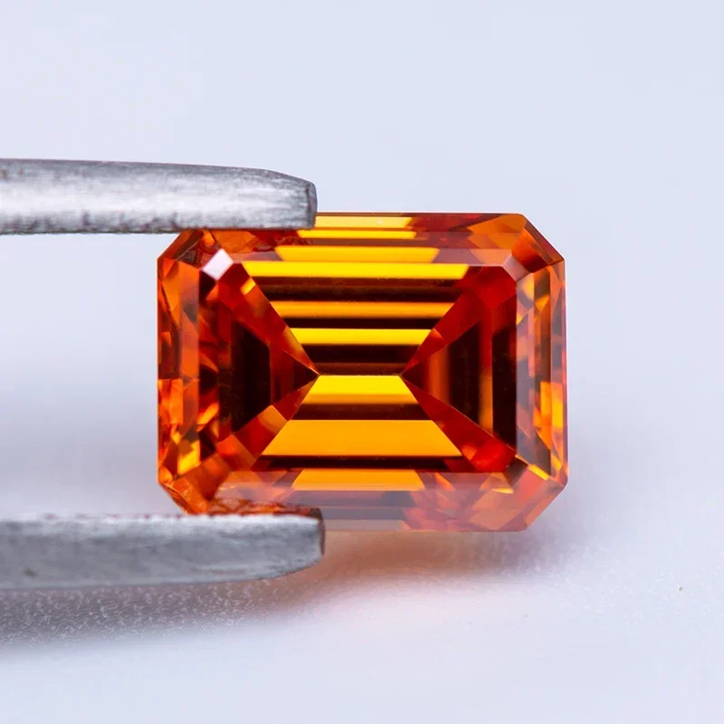 Moissanite Stone Emerald Cut Orange Color Lab Grown Diamond Charms Ring Necklace Earrings Main Materials GRA Certificate