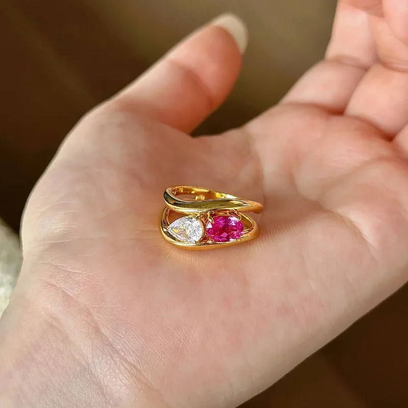 Fashion Pink White Zircon Geometric Rings for Women New Stainless Steel Adjustable Ring Bridal Wedding Jewelry Accessories Gift