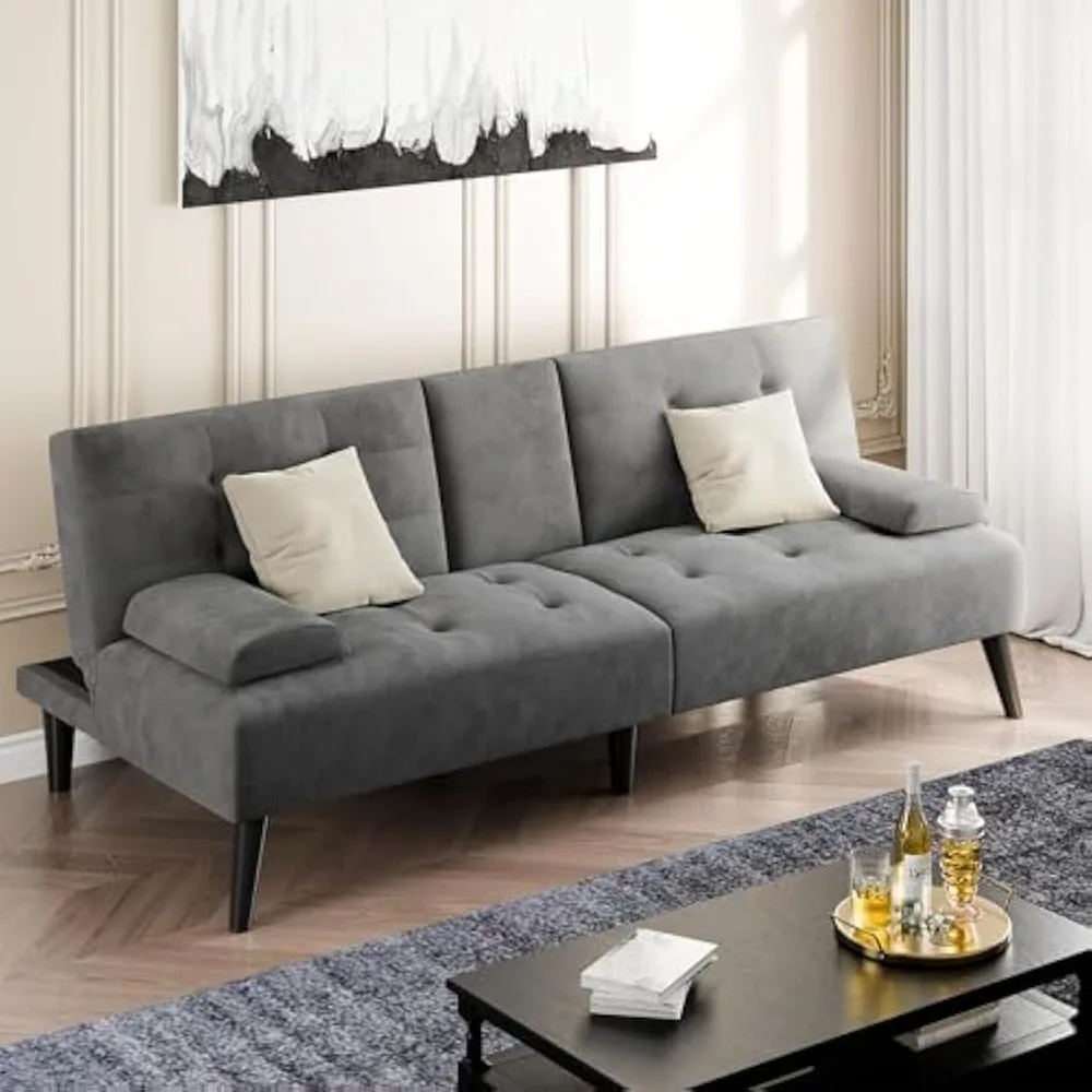 

Sofa Bed, Velvet Foldable Couch Reclining Sleeper w/Removable Armrests, w/Folding Cup Holders Upholstered Comfortable sofa