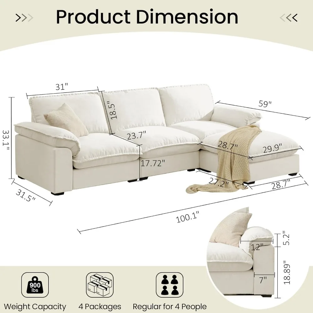 Modular Sectional Sofa Deep Seat Cloud Couch with Reversible Chaise L Shaped Couch with Armrests Chenille Sectional Couches