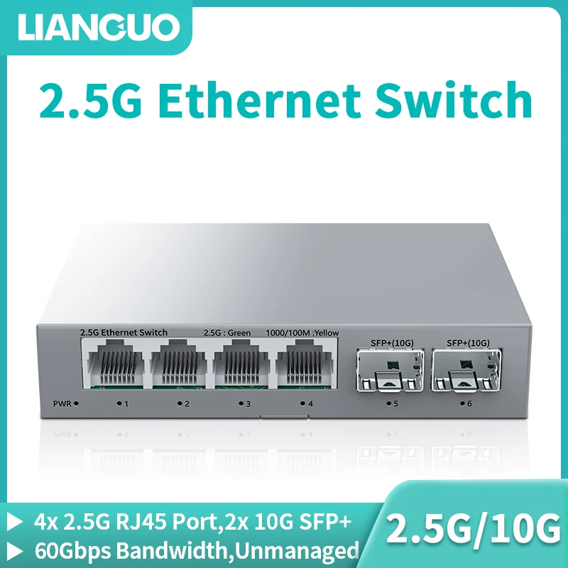 LIANGUO 2.5Gb Switch 4 Port com 2 Port 10GbE SFP+: A Melhor Escolha para Redes Domésticas e Laboratórios em 2024