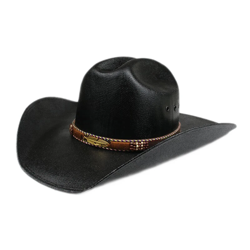 Women Men Retro Leaf Leather Belt Yellowstone Beach American Western Wide Brim Cowboy & Cowgirl Sun Hat Pinch Front   57-61cm