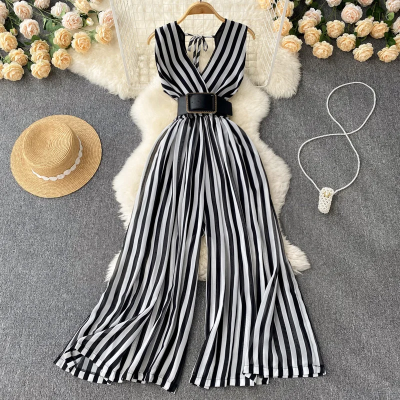 Chic Vintage v Neck sleeveless chiffon Striped Jumpsuit Elegant High Waist Casual Beach Wide Leg Pants Summer Women