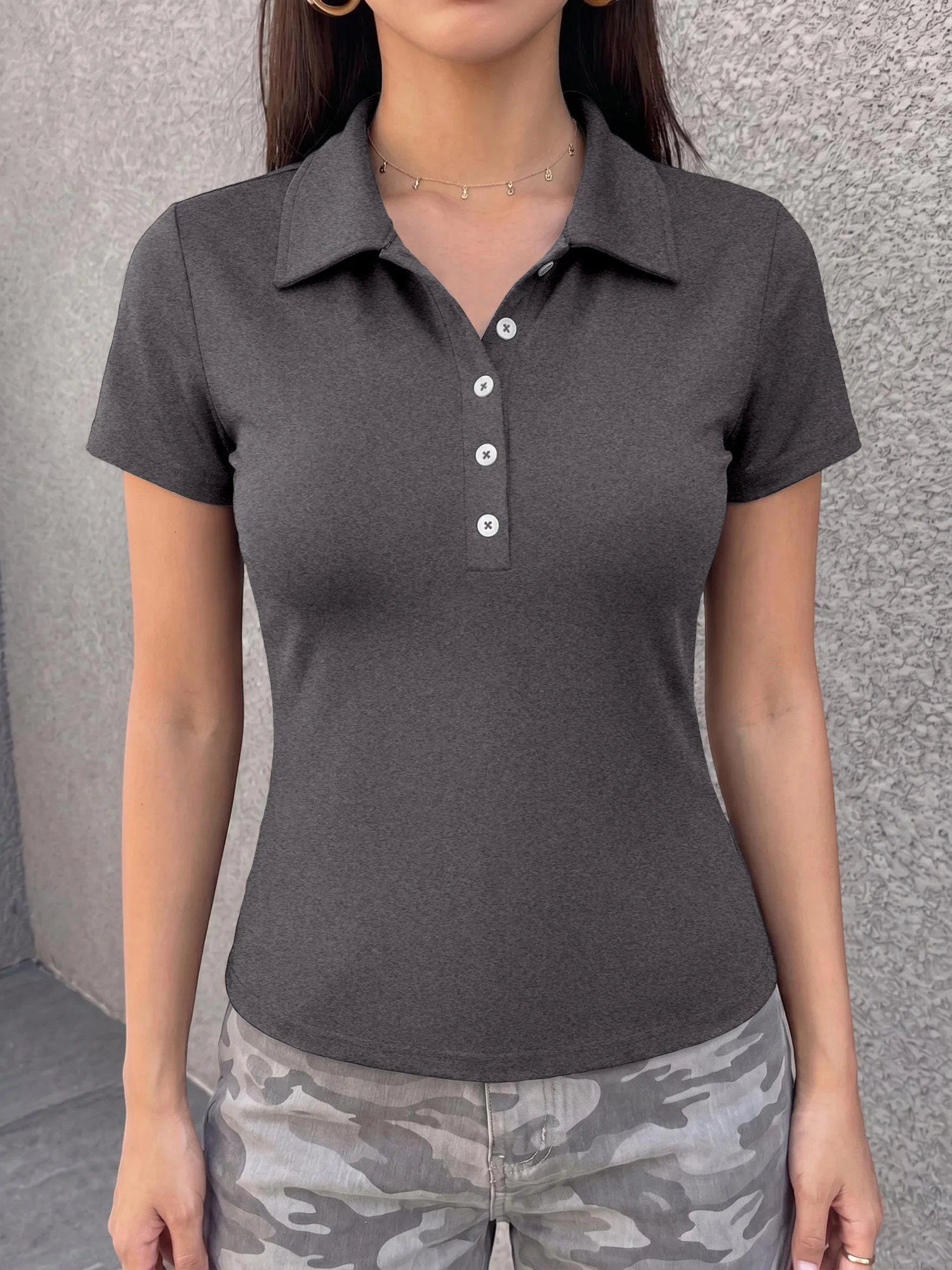 Summer Korean Aesthetic Women Polo Shirt Solid Short Sleeve Half‑Button Slim Fit Tees Elastic Streetwear Female Casual Blouse