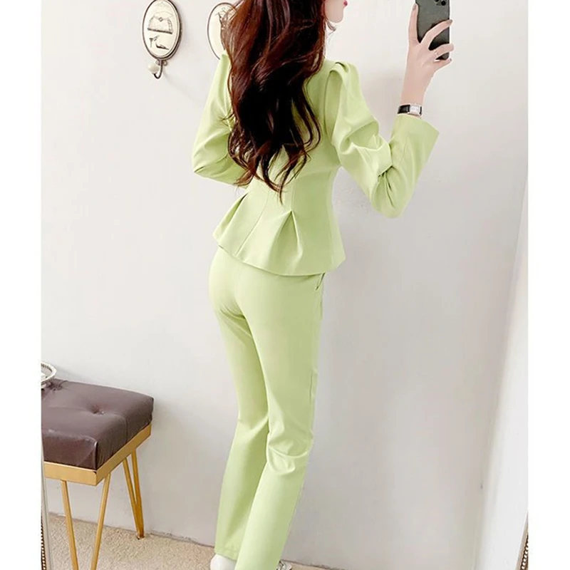 Spring Autumn Women Green Blazer Pants Two Piece Set Korean Office Lady Graceful Slim Coat Flare Trousers Suit Jacket Outfits