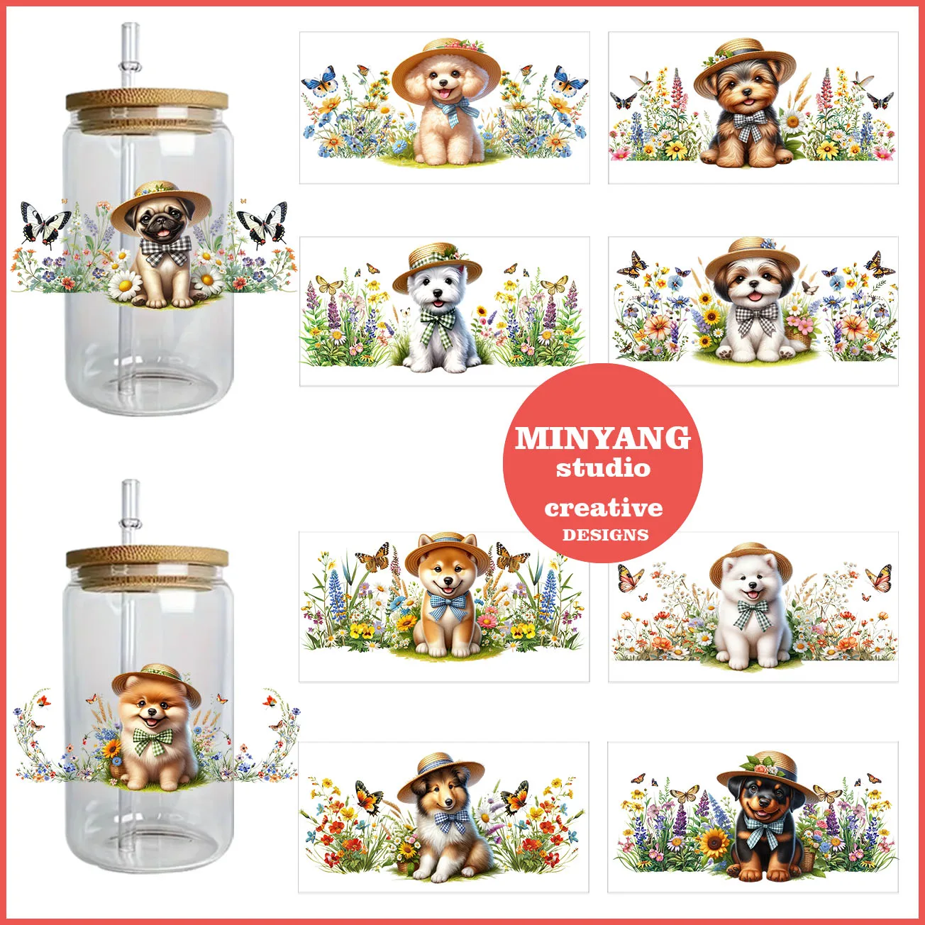 

Lovely dog peel waterproof DIY Decals 3D transfers uvdtf crystal stickers 16oz uv dtf cup wraps for Libbey Glasses